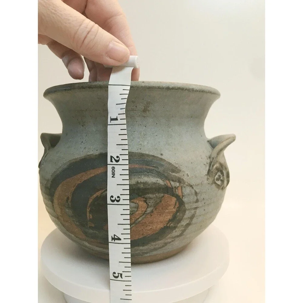 Signed Studio Stoneware Pot Gray MCM Abstract Round w Handles 7.5